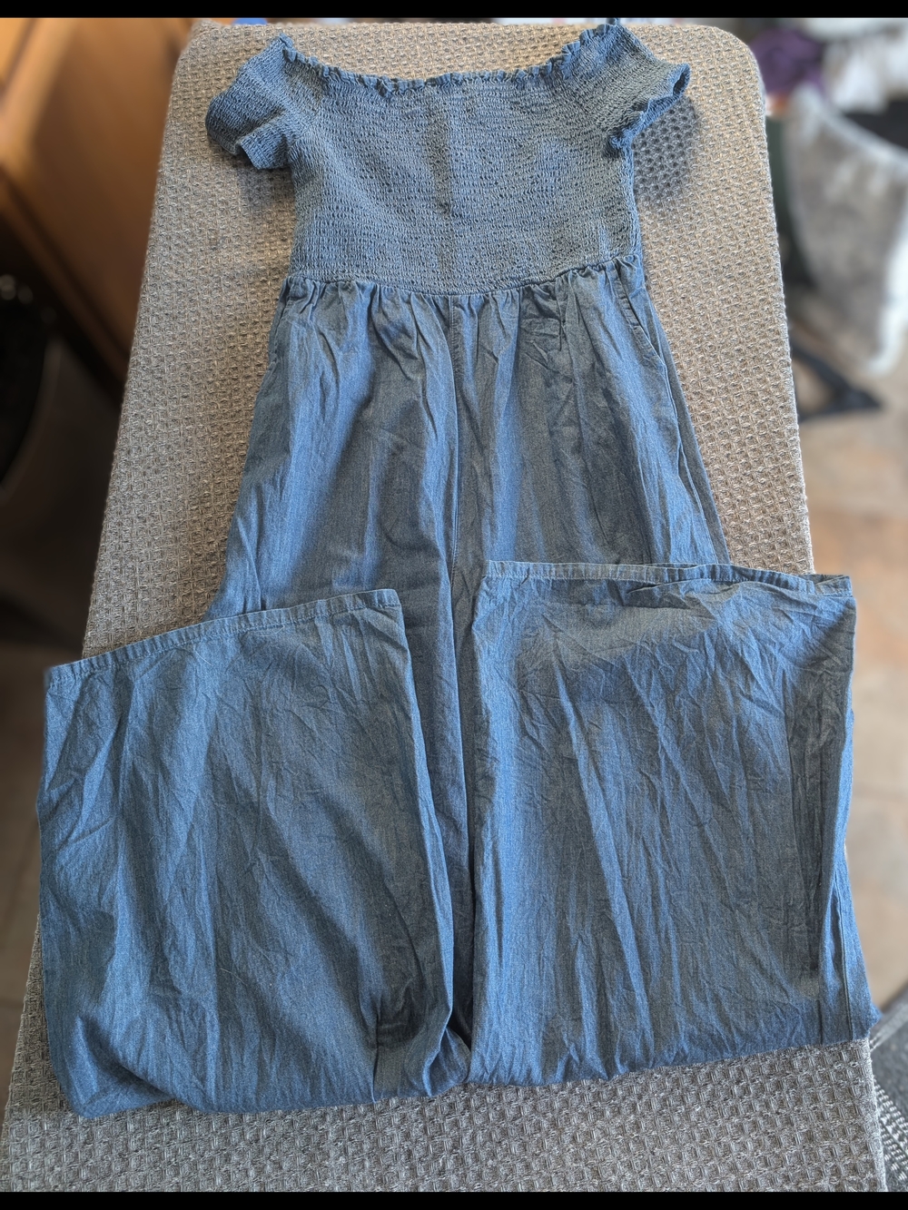 Blue Rain Denim-Style Smocked Jumpsuit in Dark Blue - Picture 2 of 4